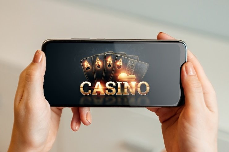 Pemuda menikmati permainan casino online dengan tampilan neon futuristik